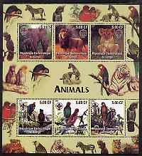 Congo 2005 Animals & Birds perf sheetlet containing 6 values each with Scouts Logo unmounted mint, stamps on , stamps on  stamps on birds, stamps on  stamps on animals, stamps on  stamps on lions, stamps on  stamps on cats, stamps on  stamps on elephants, stamps on  stamps on parrots, stamps on  stamps on scouts