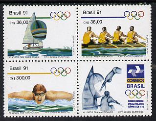 Brazil 1991 Pan-American Games & Olympics set of 3 in se-tenant block with label (yachting, Rowing, Swimming) unmounted mint SG 2471-73, stamps on , stamps on  stamps on sport, stamps on swimming, stamps on yachting, stamps on rowing, stamps on sailing, stamps on olympics