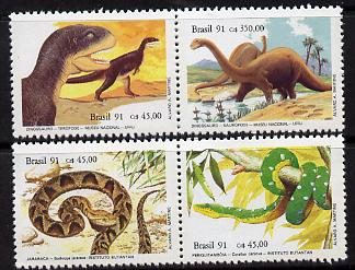 Brazil 1991 Butantan Institute & National Museum set of 4 (2 se-tenant pairs) unmounted mint SG 2481-84, stamps on , stamps on  stamps on animals, stamps on dinosaurs, stamps on museums