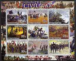 Kyrgyzstan 2001 The Civil War as seen by Mort Kunstler perf sheetlet containing 9 values unmounted mint, stamps on americana, stamps on battles, stamps on horses, stamps on arts, stamps on flags