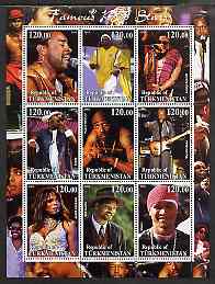 Turkmenistan 2001 Famous Pop Stars perf sheetlet containing 9 values unmounted mint (Shaggy, Janet Jackson, Will Smith etc), stamps on personalities, stamps on music, stamps on entertainments, stamps on pops