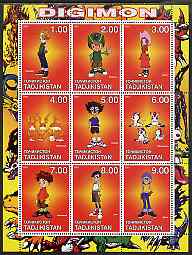 Tadjikistan 2001 Digimon perf sheetlet containing 9 values unmounted mint, stamps on , stamps on  stamps on entertainments, stamps on  stamps on digimon, stamps on  stamps on children, stamps on  stamps on cartoons, stamps on  stamps on 