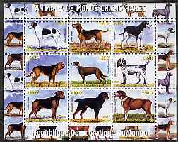 Congo 2000 Rare Dogs of the World #2 perf sheetlet containing 9 values with additional row of perforations at top, unmounted mint, stamps on dogs, stamps on 