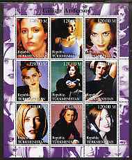 Turkmenistan 2000 Gillian Anderson perf sheetlet containing 9 values unmounted mint, stamps on , stamps on  stamps on films, stamps on  stamps on cinema, stamps on  stamps on personalities, stamps on  stamps on entertainments, stamps on  stamps on women