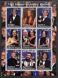 Turkmenistan 2001 The 73rd Academy Awards perf sheetlet containing 9 values unmounted mint, stamps on , stamps on  stamps on films, stamps on  stamps on movies, stamps on  stamps on cinema, stamps on  stamps on entertainments, stamps on  stamps on personalities