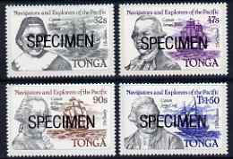 Tonga 1984 Navigators & Explorers of the Pacific (1st Issue) self-adhesive set of 4 opt'd SPECIMEN, as SG 861-64 (blocks or gutter pairs with anchor pro rata) unmounted mint, stamps on , stamps on  stamps on explorers, stamps on  stamps on ships, stamps on  stamps on bligh, stamps on  stamps on cook, stamps on  stamps on self adhesive