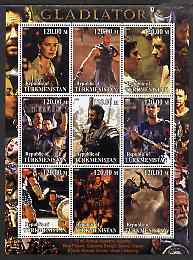 Turkmenistan 2001 Gladiator perf sheetlet containing 9 values unmounted mint, stamps on , stamps on  stamps on films, stamps on  stamps on movies, stamps on  stamps on cinema, stamps on  stamps on entertainments, stamps on  stamps on 