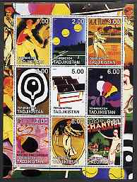 Tadjikistan 2001 Poster Art - Tennis & Table Tennis perf sheetlet containing 9 values unmounted mint, stamps on arts, stamps on sport, stamps on tennis, stamps on table tennis