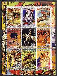 Tadjikistan 2001 Poster Art - Cycling & Horse Riding perf sheetlet containing 9 values unmounted mint, stamps on arts, stamps on sport, stamps on bicycles, stamps on horses, stamps on show jumping