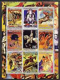 Tadjikistan 2001 Poster Art - Cycling & Horse Riding perf sheetlet containing 9 values unmounted mint, stamps on , stamps on  stamps on arts, stamps on  stamps on sport, stamps on  stamps on bicycles, stamps on  stamps on horses, stamps on  stamps on show jumping