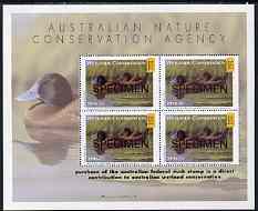 Cinderella - Australian Nature Conservation Agency 1996-97 Wetlands Conservation m/sheet containing 4 x $15 stamps showing Blue-Billed Duck (value tablets in yellow) optd..., stamps on cinderellas, stamps on birds, stamps on ducks