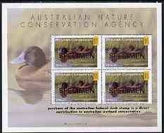 Cinderella - Australian Nature Conservation Agency 1996-97 Wetlands Conservation m/sheet containing 4 x $15 stamps showing Blue-Billed Duck (value tablets in yellow) opt'd SPECIMEN unmounted mint*, stamps on , stamps on  stamps on cinderellas, stamps on  stamps on birds, stamps on  stamps on ducks