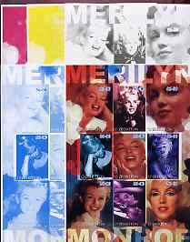 Uzbekistan 2002 Marilyn Monroe #2 imperf sheetlet containing set of 9 values (Inscribed Merilyn) the set of 5 progressive proofs comprising the 4 individual colours plus all 4-colour composite (as issued) all unmounted mint, stamps on , stamps on  stamps on films, stamps on  stamps on cinema, stamps on  stamps on entertainments, stamps on  stamps on music, stamps on  stamps on personalities, stamps on  stamps on marilyn monroe