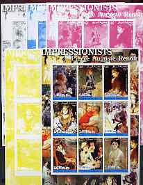 Somalia 2002 Impressionists - Pierre Auguste Renoir imperf sheetlet containing 9 values, the set of 5 progressive proofs comprising the 4 individual colours plus all 4-colour composite (as issued) all unmounted mint, stamps on arts, stamps on renoir