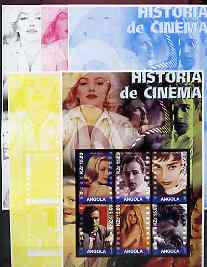 Angola 2002 History of the Cinema #04 large imperf sheetlet containing set of 6 values (Grace Kelly, Marlon Brando, Audrey Hepburn, Montgomery Clift, Brigitte Bardot & James Dean), the set of 5 progressive proofs comprising the 4 individual colours plus all 4-colour composite (as issued) all unmounted mint, stamps on , stamps on  stamps on cinema, stamps on  stamps on films, stamps on  stamps on entertainments, stamps on  stamps on movies, stamps on  stamps on personalities