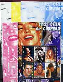 Angola 2002 History of the Cinema #01 large perf sheetlet containing set of 6 values (Meryl Streep, Tom Cruise, Michelle Pfeiffer, Mel Gibson, Michael Douglas & Harrison Ford), the set of 5 progressive proofs comprising the 4 individual colours plus all 4-colour composite (as issued) all unmounted mint, stamps on , stamps on  stamps on cinema, stamps on  stamps on films, stamps on  stamps on entertainments, stamps on  stamps on movies, stamps on  stamps on personalities