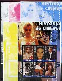 Angola 2002 History of the Cinema #03 large perf sheetlet containing set of 6 values (Paul Newman, Liz Taylor, Gregory Peck (inscribed Steve McQueen in error) Sophia Loren, Richard Burton & Natilie Wood), the set of 5 progressive proofs comprising the 4 individual colours plus all 4-colour composite (as issued) all unmounted mint, stamps on , stamps on  stamps on cinema, stamps on  stamps on films, stamps on  stamps on entertainments, stamps on  stamps on movies, stamps on  stamps on personalities