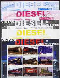 Somalia 2002 Diesel Locomotives #2 imperf sheetlet containing set of 9 values, the set of 5 progressive proofs comprising the 4 individual colours plus all 4-colour compo..., stamps on railways