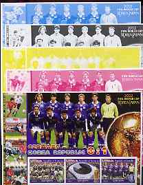 Somalia 2002 Football World Cup (Germany v Korea) large sheetlet containing 3 values, the set of 5 progressive proofs comprising the 4 individual colours plus all 4-colour composite (as issued) all unmounted mint, stamps on , stamps on  stamps on football, stamps on  stamps on sport