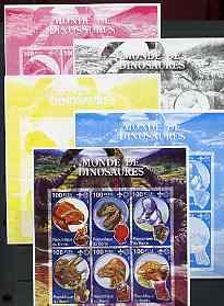 Benin 2002 World of Dinosaurs (& Minerals) imperf sheetlet containing set of 6 values each with Scout Logo, the set of 5 progressive proofs comprising the 4 individual co..., stamps on dinosaurs, stamps on minerals, stamps on scouts