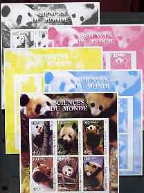 Benin 2002 Pandas imperf sheetlet containing set of 6 values each with Scout Logo, the set of 5 progressive proofs comprising the 4 individual colours plus all 4-colour composite (as issued) all unmounted mint, stamps on animals, stamps on bears, stamps on pandas, stamps on scouts