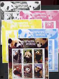 Benin 2002 Pandas imperf sheetlet containing set of 6 values each with Scout Logo, the set of 5 progressive proofs comprising the 4 individual colours plus all 4-colour composite (as issued) all unmounted mint, stamps on , stamps on  stamps on animals, stamps on  stamps on bears, stamps on  stamps on pandas, stamps on  stamps on scouts