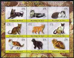 Chad 2004 Domestic Cats perf sheetlet containing 9 values unmounted mint, stamps on cats