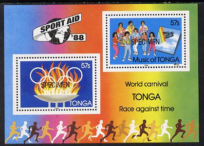 Tonga 1988 Sport Aid '88 m/sheet opt'd SPECIMEN (group Singing & Olympic Rings), as SG MS 998 unmounted mint, stamps on , stamps on  stamps on music, stamps on  stamps on olympics, stamps on  stamps on sport, stamps on  stamps on guitar