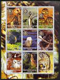 Congo 2002 Owls perf sheetlet containing 9 values each with Rotary Logo unmounted mint, stamps on , stamps on  stamps on birds, stamps on  stamps on birds of prey, stamps on  stamps on owls, stamps on  stamps on rotary