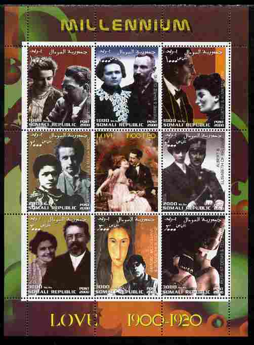Somalia 2000 Love 1900-20 (Personalities) perf sheetlet containing set of 8 values plus label unmounted mint. Note this item is privately produced and is offered purely on its thematic appeal, stamps on , stamps on  stamps on personalities, stamps on  stamps on women, stamps on  stamps on films, stamps on  stamps on cinenma, stamps on  stamps on movies, stamps on  stamps on einstein, stamps on  stamps on science, stamps on  stamps on physics, stamps on  stamps on nobel, stamps on  stamps on maths, stamps on  stamps on space, stamps on  stamps on judaica, stamps on  stamps on atomics, stamps on  stamps on mathematics, stamps on  stamps on composers, stamps on  stamps on mahla