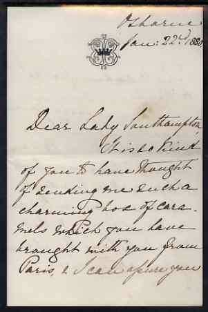 Great Britain 1880 Handwritten letter from PRINCESS BEATRICE on monogrammed note-paper sent from Osborne House thanking Lady Southampton her for a box of caramels brought..., stamps on royalty