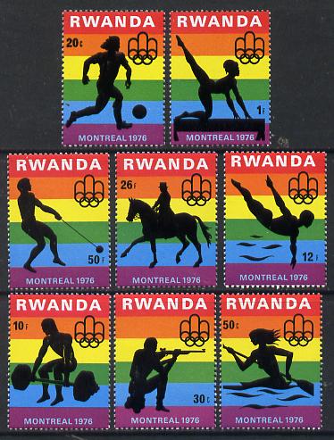 Rwanda 1976 Montreal Olympic Games (2nd issue) perf set of 8 values unmounted mint, SG 767-74, stamps on , stamps on  stamps on olympics, stamps on  stamps on canoeing, stamps on  stamps on weights, stamps on  stamps on gymnastics, stamps on  stamps on football, stamps on  stamps on diving, stamps on  stamps on horses, stamps on  stamps on shooting, stamps on  stamps on weight lifting, stamps on  stamps on hammer, stamps on  stamps on 