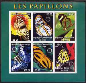 Congo 2003 Butterflies imperf sheetlet #01 (green border) containing 6 values each with Rotary Logo, unmounted mint, stamps on rotary, stamps on butterflies