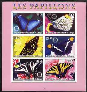 Congo 2003 Butterflies imperf sheetlet #02 (pink border) containing 6 values each with Rotary Logo, unmounted mint, stamps on , stamps on  stamps on rotary, stamps on  stamps on butterflies