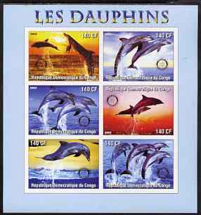 Congo 2003 Dolphins imperf sheetlet #02 (horiz stamps) containing 6 values each with Rotary Logo, unmounted mint, stamps on , stamps on  stamps on rotary, stamps on  stamps on dolphins, stamps on  stamps on marine life