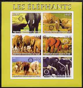 Congo 2003 Elephants imperf sheetlet #01 (green border) containing 6 x 140 CF values each with Rotary Logo, unmounted mint, stamps on rotary, stamps on animals, stamps on elephants