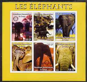 Congo 2003 Elephants imperf sheetlet #02 (yellow border) containing 6 x 135 CF values each with Rotary Logo, unmounted mint, stamps on , stamps on  stamps on rotary, stamps on  stamps on animals, stamps on  stamps on elephants