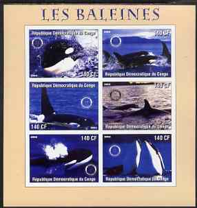 Congo 2003 Whales imperf sheetlet #01 (pink border) containing 6 values each with Rotary Logo, unmounted mint, stamps on rotary, stamps on whales, stamps on marine life