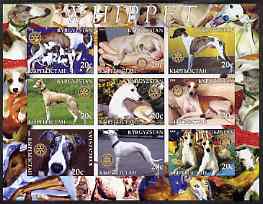 Kyrgyzstan 2004 Dogs - Whippets imperf sheetlet containing 9 values each with Rotary Logo, unmounted mint, stamps on , stamps on  stamps on dogs, stamps on  stamps on whippets, stamps on  stamps on rotary