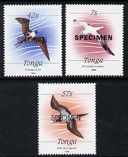 Tonga 1988 Marine Life (Birds) 3 values (7s, 42s & 57s) opt'd SPECIMEN unmounted mint, as SG 1004, 1010 & 1012)*, stamps on , stamps on  stamps on birds, stamps on  stamps on albatross, stamps on  stamps on frigate, stamps on  stamps on booby