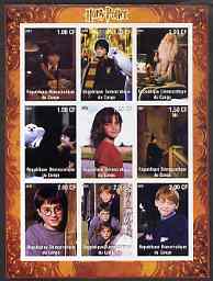 Congo 2001 Harry Potter imperf sheetlet containing 9 values unmounted mint, stamps on , stamps on  stamps on films, stamps on  stamps on movies, stamps on  stamps on literature, stamps on  stamps on children, stamps on  stamps on fantasy