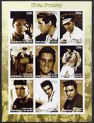 Benin 2002 Elvis Presley imperf sheet containing set of 9 values unmounted mint, stamps on , stamps on  stamps on personalities, stamps on  stamps on elvis, stamps on  stamps on music, stamps on  stamps on films, stamps on  stamps on entertainments, stamps on  stamps on pops