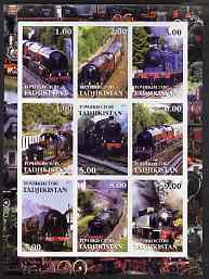 Tadjikistan 2001 Steam Locos imperf sheetlet containing 9 values unmounted mint, stamps on railways