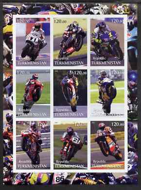 Turkmenistan 2001 Racing Motorcyclists imperf sheetlet containing set of 9 values, unmounted mint, stamps on , stamps on  stamps on racing, stamps on  stamps on motorbikes, stamps on  stamps on sport