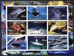 Kyrgyzstan 2001 Whales, Dolphins & Sharks imperf sheetlet containing set of 9 values, unmounted mint, stamps on , stamps on  stamps on whales, stamps on  stamps on dolphins, stamps on  stamps on sharks, stamps on  stamps on fish, stamps on  stamps on marine life