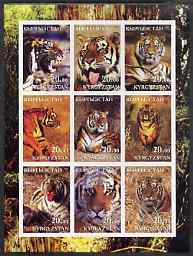 Kyrgyzstan 2001 Tigers imperf sheetlet containing 9 values unmounted mint, stamps on , stamps on  stamps on animals, stamps on  stamps on cats, stamps on  stamps on tigers