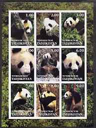 Tadjikistan 2001 Pandas imperf sheetlet containing 9 values unmounted mint, stamps on animals, stamps on pandas