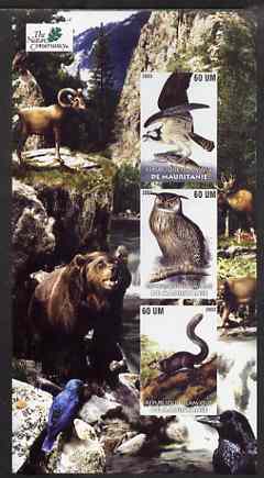 Mauritania 2003 The Nature Conservancy #2 imperf sheetlet containing set of 3 values (Birds & Animals by John Audubon) unmounted mint, stamps on , stamps on  stamps on wildlife, stamps on  stamps on environment, stamps on  stamps on birds, stamps on  stamps on audubon, stamps on  stamps on owls