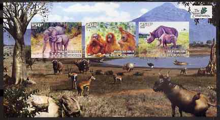 Ivory Coast 2003 The Nature Conservancy imperf sheetlet containing set of 3 values (Elephants, Apes & Rhinos) unmounted mint, stamps on , stamps on  stamps on wildlife, stamps on  stamps on environment, stamps on  stamps on elephants, stamps on  stamps on apes, stamps on  stamps on rhinos