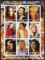 Congo 2003 History of the Cinema #07 (Actresses) imperf sheetlet containing 9 values unmounted mint (Showing Christina Applegate, Angelina Jolie, Nicole Kidman, Heather Graham, Halle Berry, Drew Barrymore, Mena Suvari, Gwyneth Paltrow & Elizabeth Hurley), stamps on , stamps on  stamps on movies, stamps on  stamps on films, stamps on  stamps on cinema, stamps on  stamps on women, stamps on  stamps on 